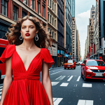 A vibrant fashion editorial showcasing a model confidently wearing a red dress, symbolizing energy and passion. The background should be a bustling city street, emphasizing the power and self-assurance the color red conveys.
